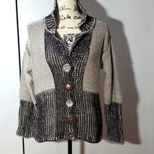 Overland- Cream/Black Heavy Knit Neutral cottage core Cardigan Chunky Boho Sz.M